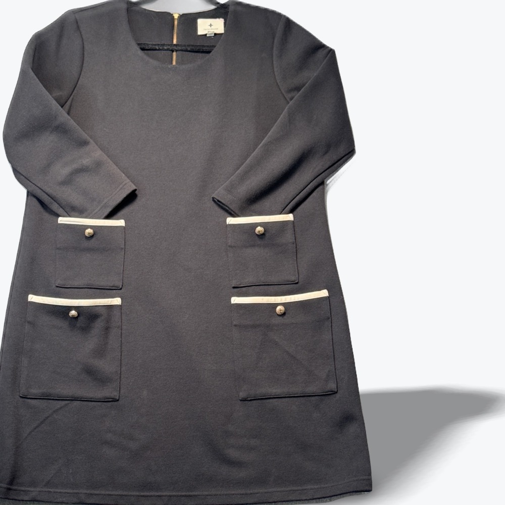 Tuckernuck Black Shift Dress Gold Lion Buttons Cream Trim Size L 3/4 Sleeve